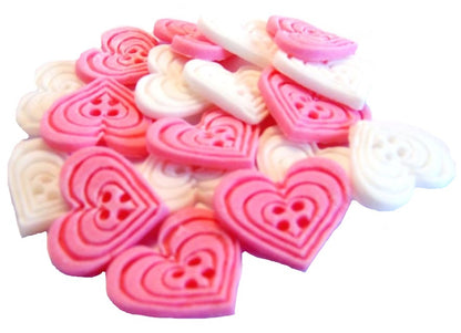 18 Edible Pink & White Mixed Coloured heart Shaped Buttons Vegan Cupcake Toppers