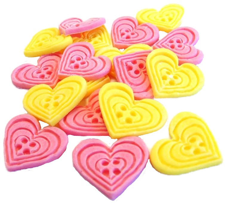 18 Edible Pink & Yellow  Mixed Coloured heart Shaped Buttons Vegan Cupcake Toppers