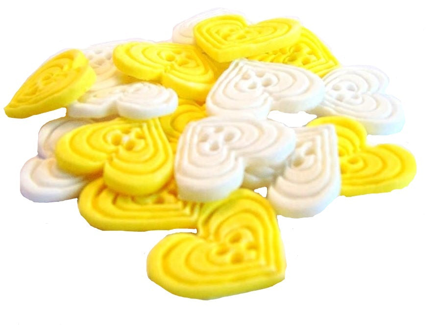 18 Edible Yellow & White Mixed Coloured heart Shaped Buttons Vegan Cupcake Toppers