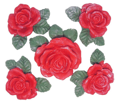 4 Vegan Glittered Red Rose Garland with matching Large Rose Cake Decorations