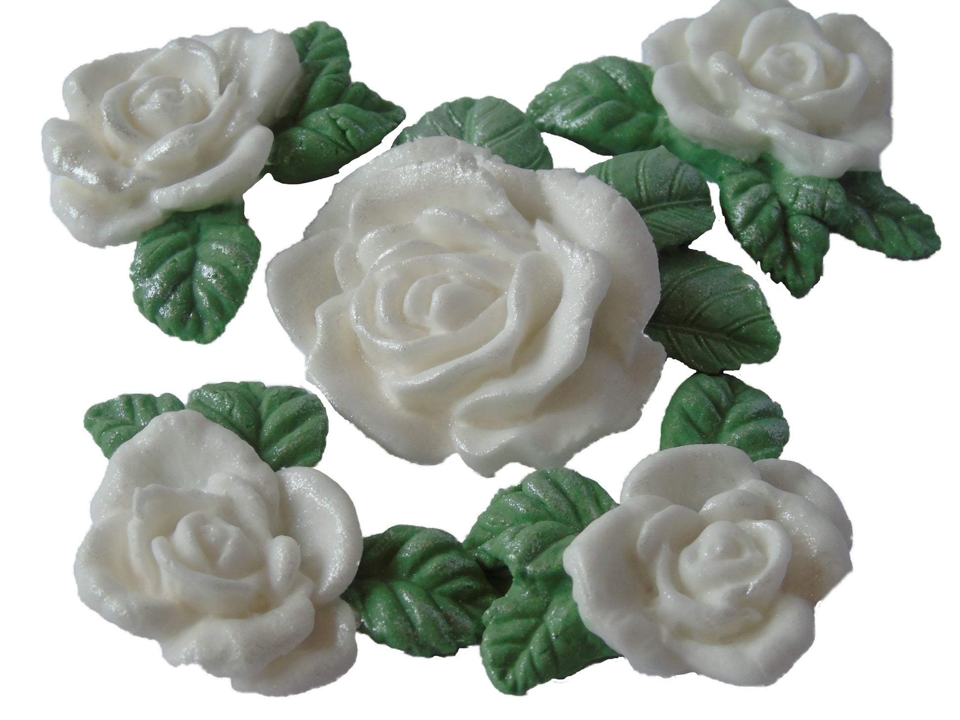 4 Vegan Glittered White Rose Garland with matching Large Rose Cake Decorations