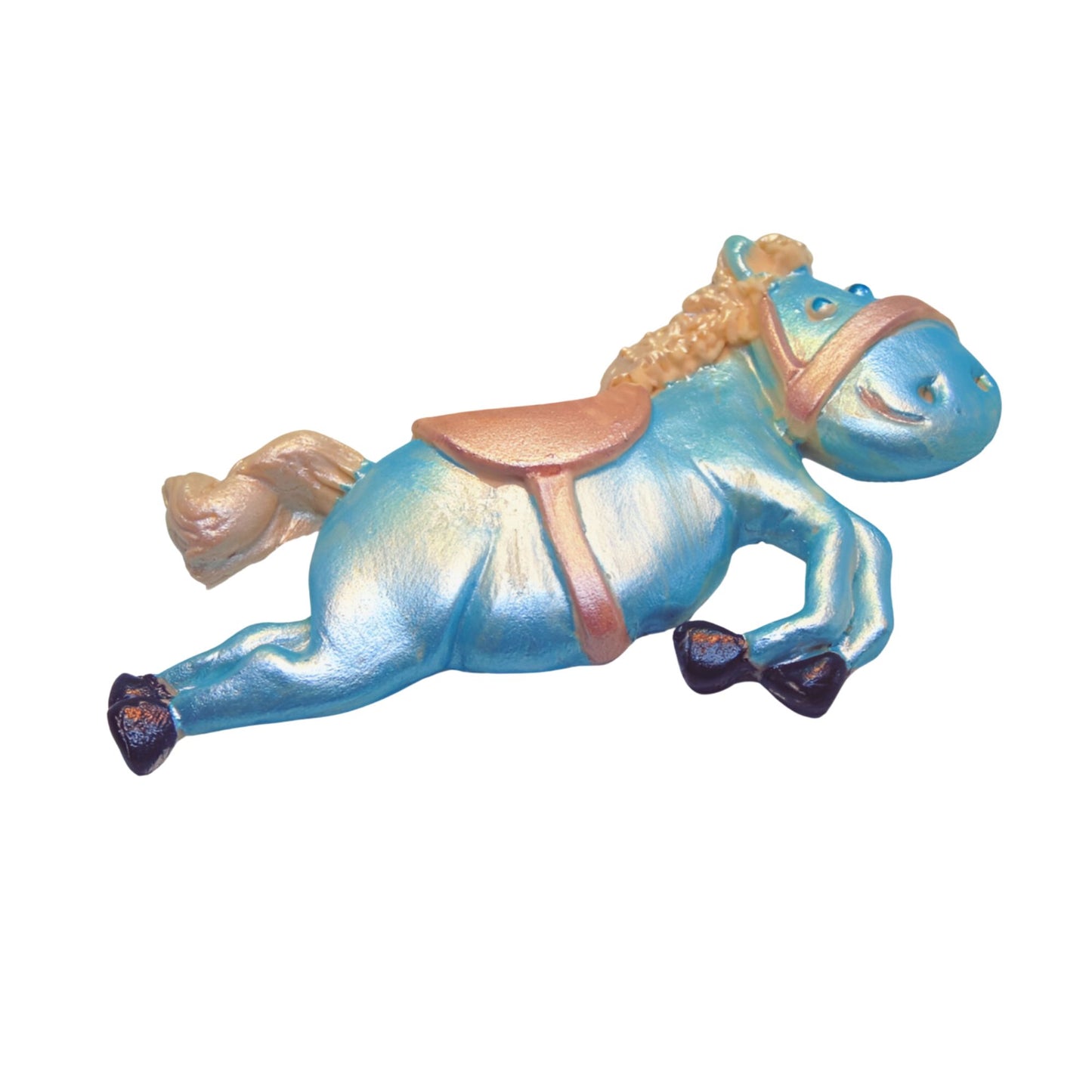 Blue horse figurine with a pink saddle on a white background