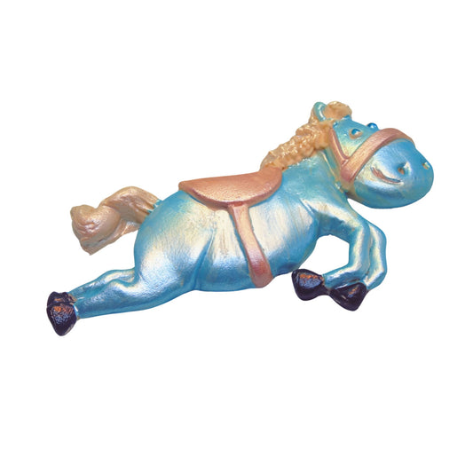 Blue horse figurine with a pink saddle on a white background