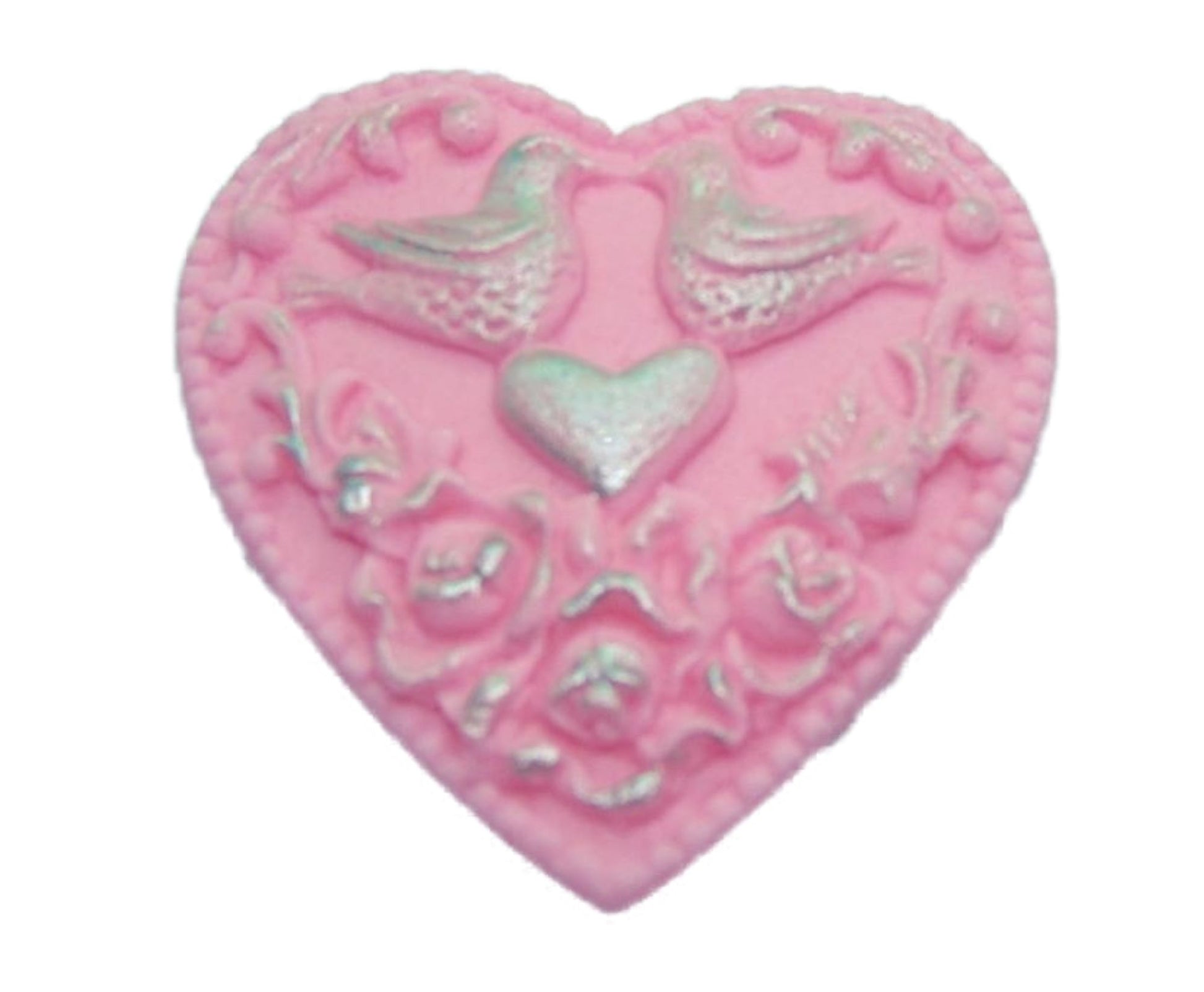 Glittered large Pink heart with Silver painted Doves within. Fully edible