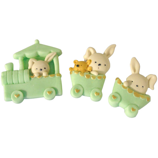 Baby Rabbits Cake Toppers Sitting In A Train