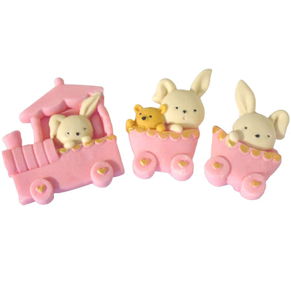 Baby Rabbits Cake Toppers Sitting In A Train