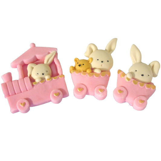 Baby Rabbits Cake Toppers Sitting In A Train