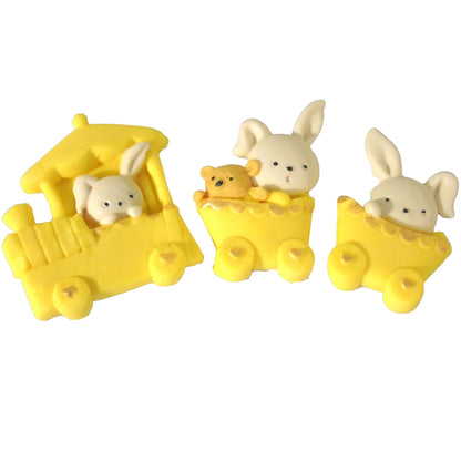 Baby Rabbits Cake Toppers Sitting In A Train