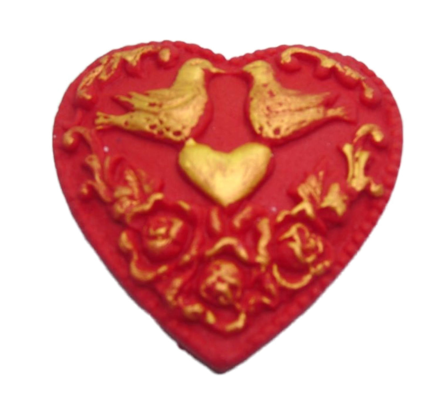 Glittered large Red heart with Gold painted Doves within. Fully edible