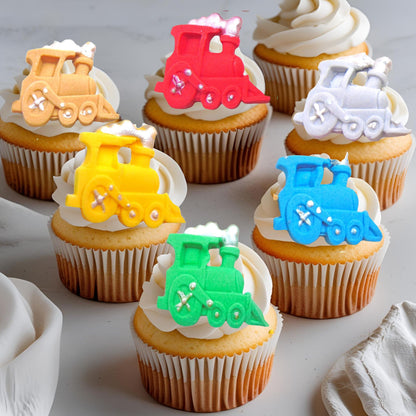12 Novelty Trains Sugar Paste Vegan Edible Cupcake Toppers