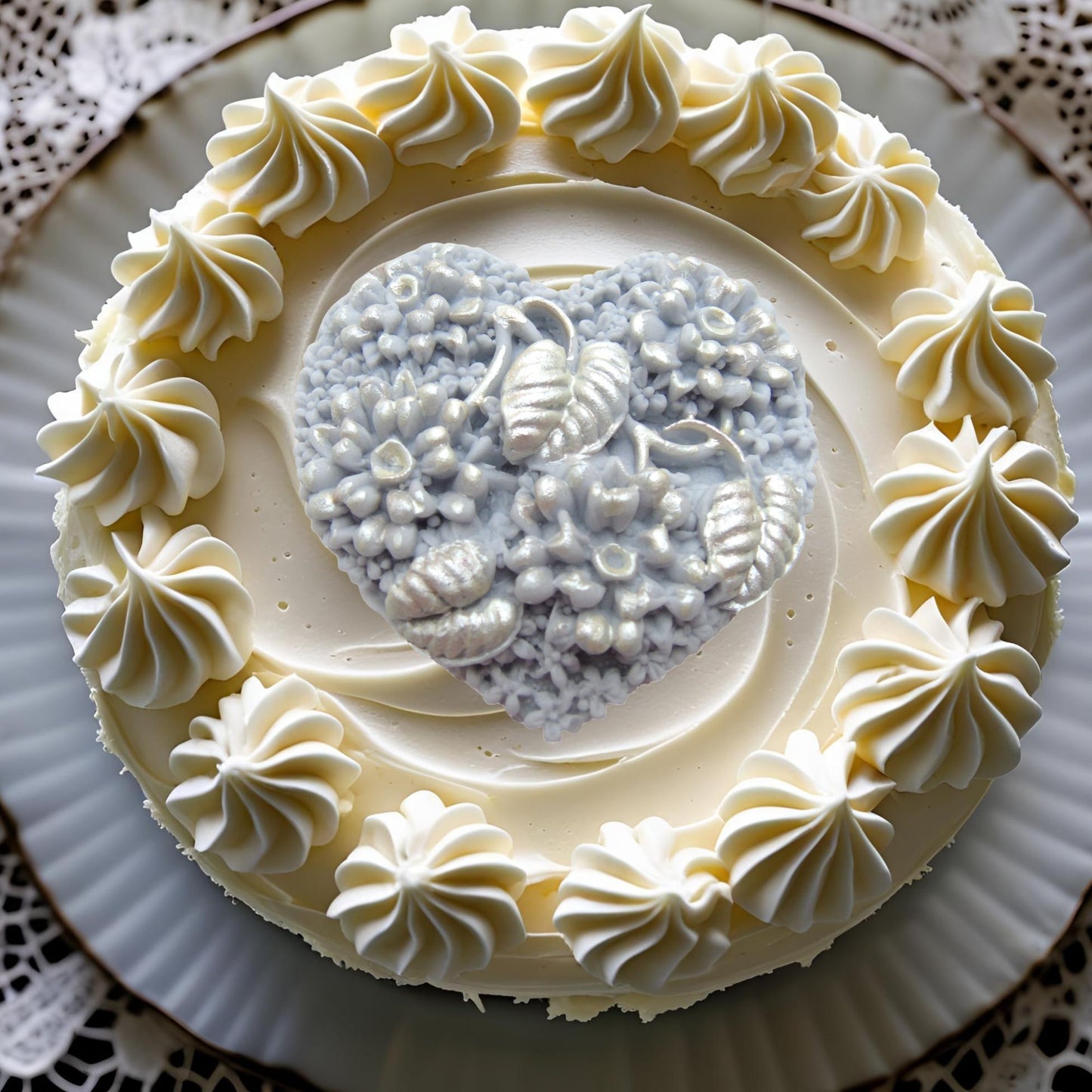Decorative cake with white frosting and a silver heart vegan topper design on top 