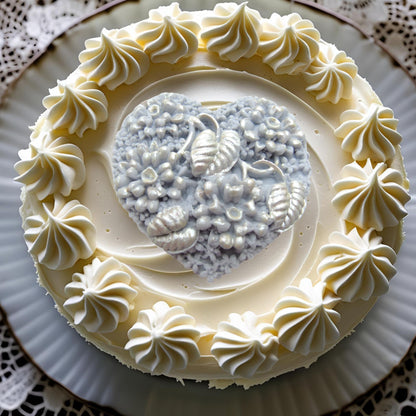 Decorative cake with white frosting and a silver heart vegan topper design on top 