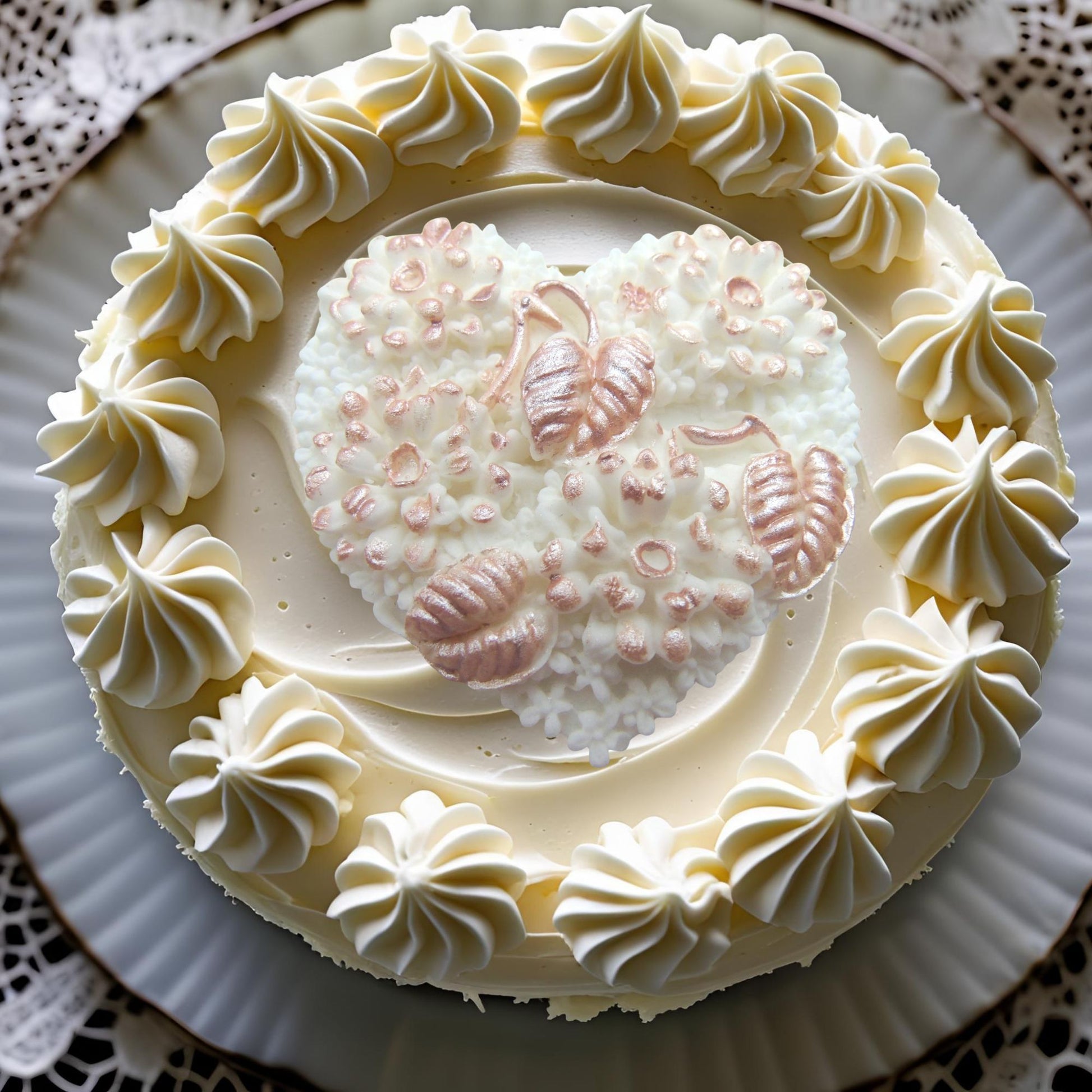 Decorative cake with white frosting and a white heart vegan topper design on top 