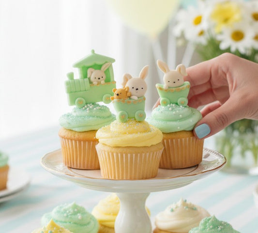 Cupcakes with rabbit-themed decorations on a white cake stand.