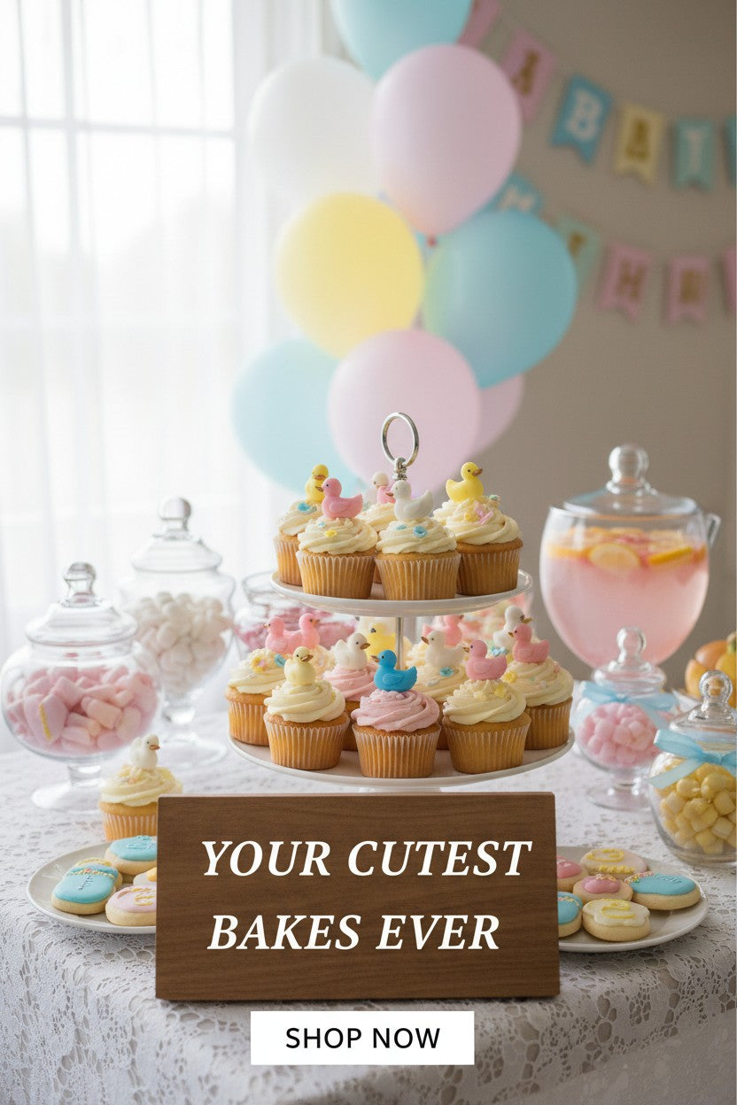Pastel-colored birthday party setup with cupcakes, balloons, and a 'Your Cutest Bakes Ever' sign.
