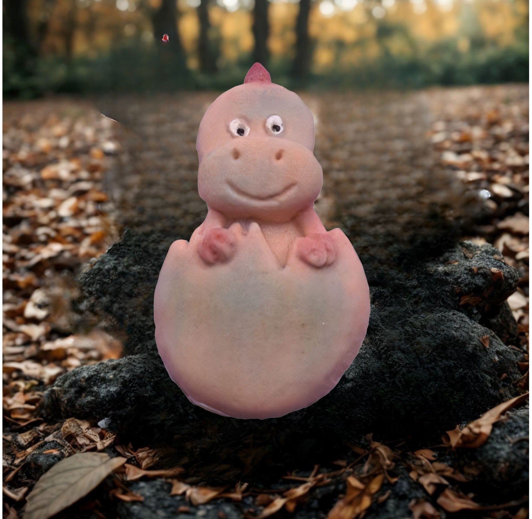 Baby dinosaur  cake decorations in egg  shown in natural woodland