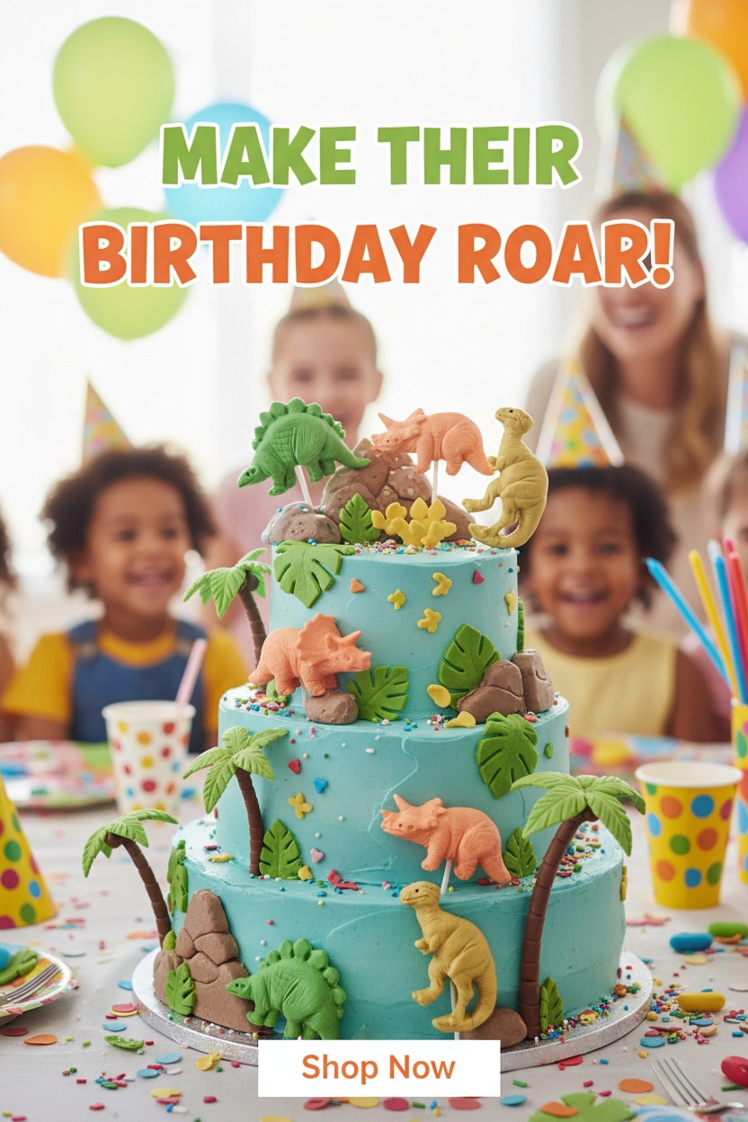 Dinosaur-themed birthday cake with children in the background and promotional text.