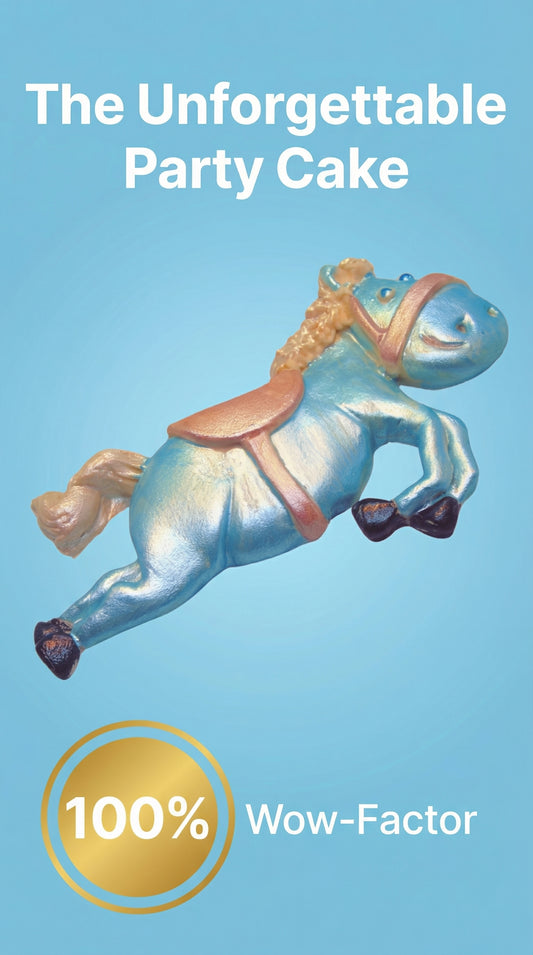 Decorative horse figure on a blue background with text 'The Unforgettable Party Cake' and '100% Wow-Factor'.