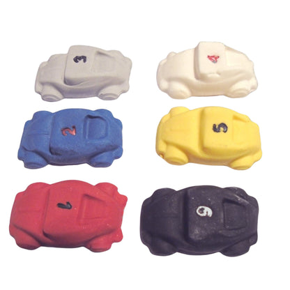 Set 6 numbered and coloured racing cars great cupcake and cake toppers on a white background