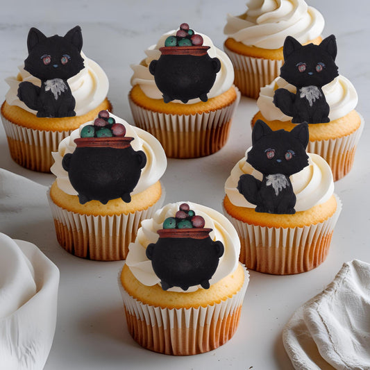 Mix 12 Halloween Trick Treat Edible Cupcake Cake Toppers Cat & Cauldron