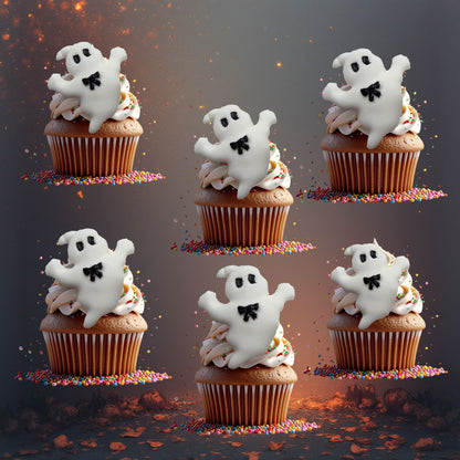 6 Halloween Ghost Edible Vegan Cupcake Topper Decorations