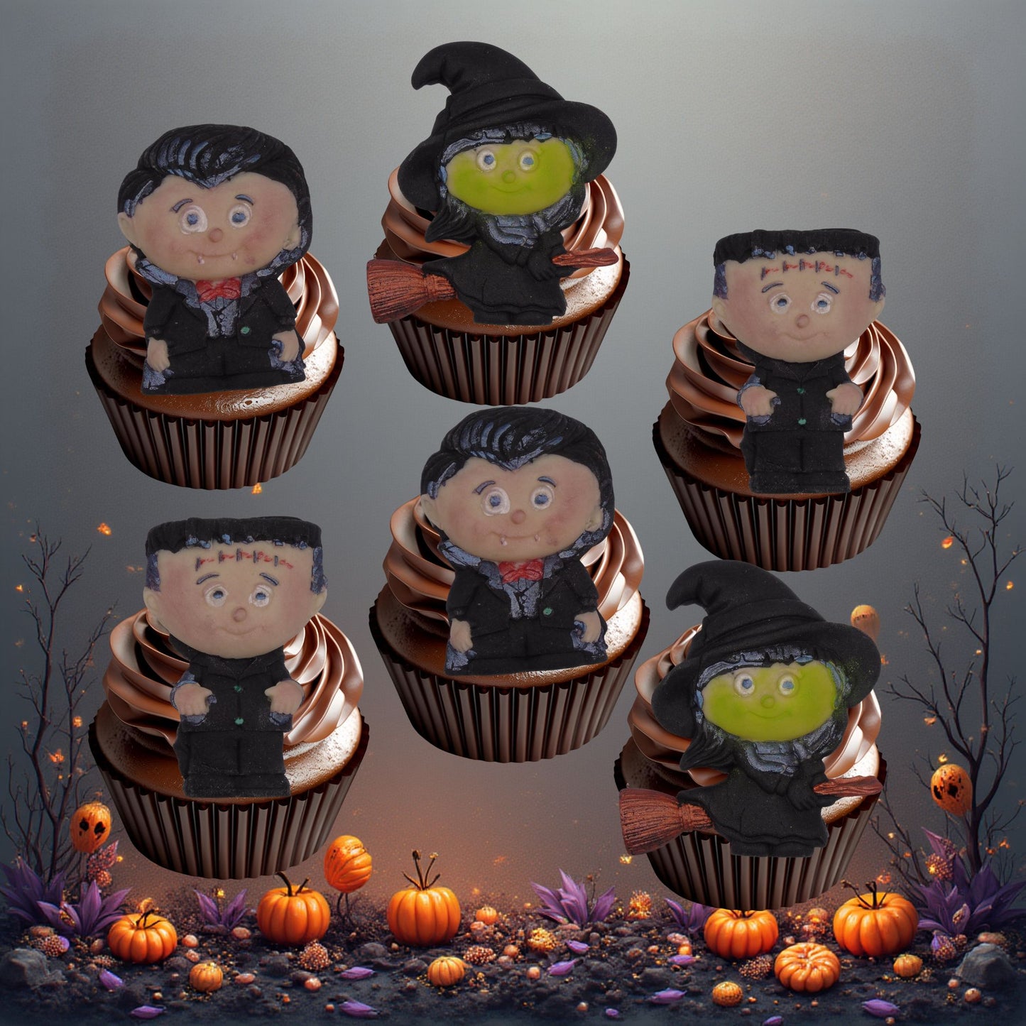 Halloween-themed edible cupcakes with character toppers on a dark background with pumpkins.