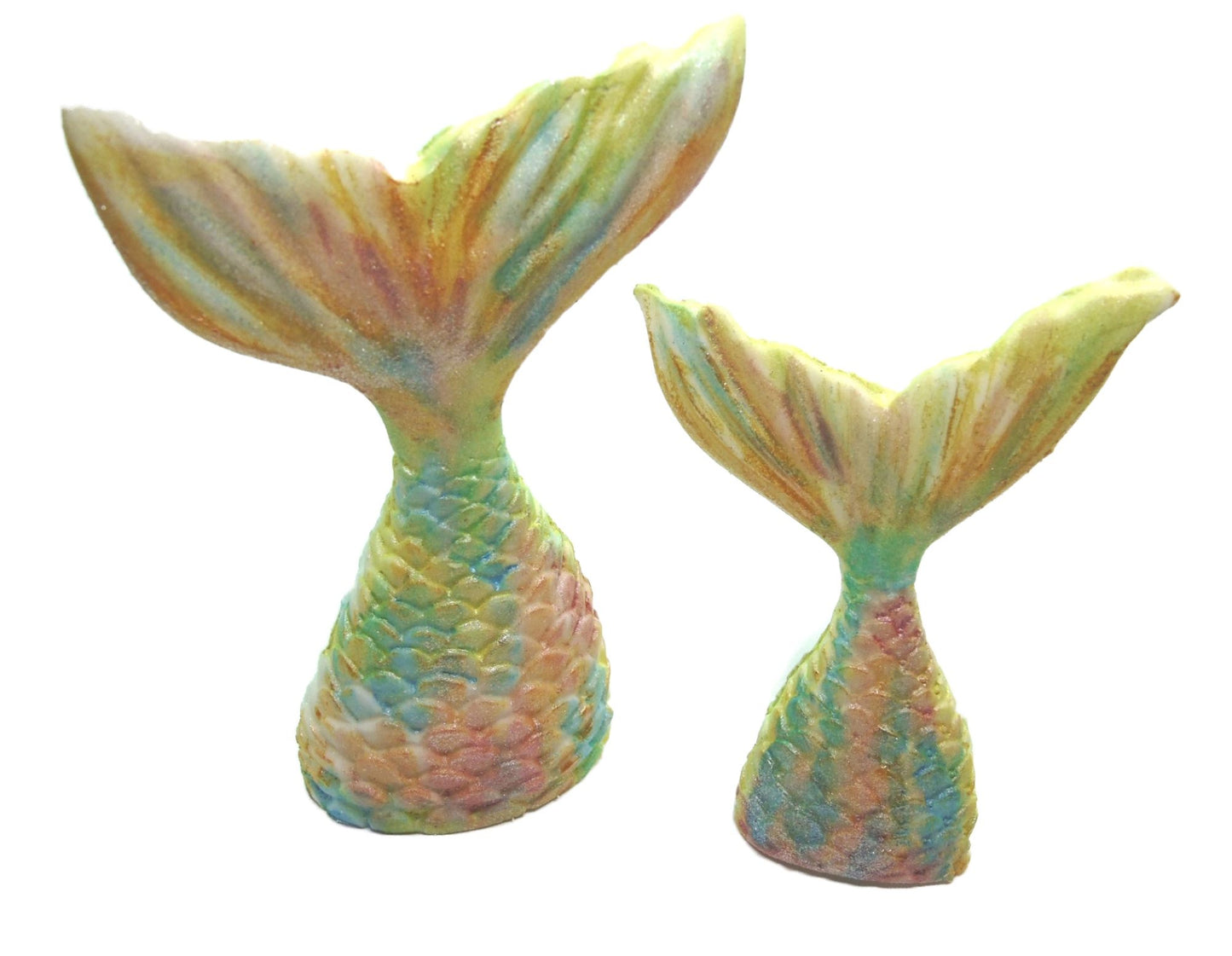 2 Multi Coloured Edible Mermaid Tails Large & small cake toppers
