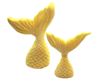2 Yellow Edible Mermaids tails a Large and Small Cake cupcake toppers